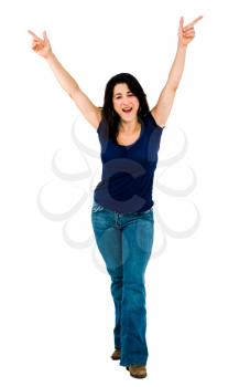 Royalty Free Photo of a Woman Standing and Doing a Gesture with her hands in the air