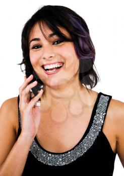 Portrait of a woman talking on a mobile phone on White Background