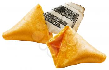 Royalty Free Photo of a 20 Dollar Bill Inside of a Fortune Cookie
