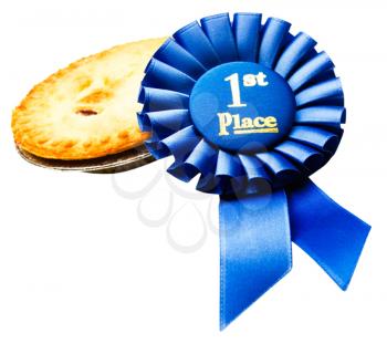 Royalty Free Photo of a Baked Pie with a 1st Place  Ribbon