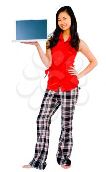 Royalty Free Photo of a Woman Standing Holding a Laptop