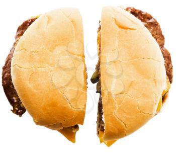 Royalty Free Photo of a cheeseburger Cut in Half