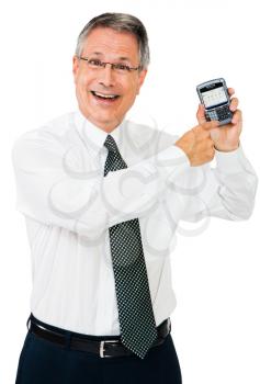 Royalty Free Photo of a Man Holding a Pda and Pointing at it