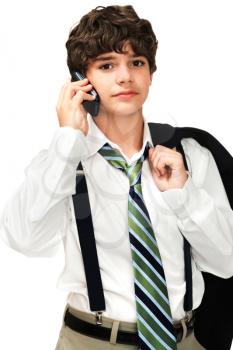 Royalty Free Photo of a Teenager Wearing a Suit and Talking on his Cell Phone
