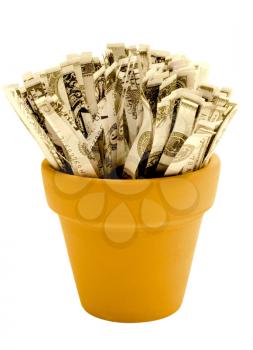 Royalty Free Photo of a Paper Money in a Yellow Planter