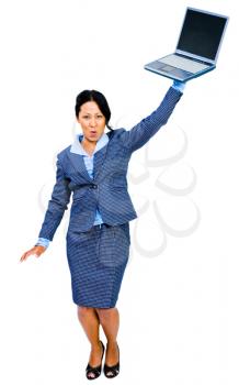 Royalty Free Photo of a Woman Holding a Laptop in the Air