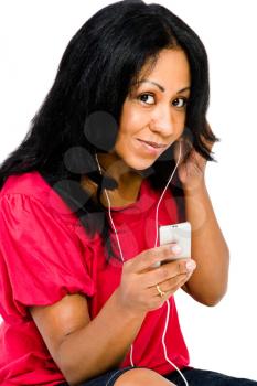 Royalty Free Photo of a Woman Listening to an Mp3 Player on Earbuds