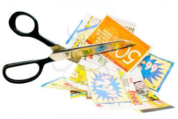 Royalty Free Photo of a Pair of Scissors Cutting Coupons