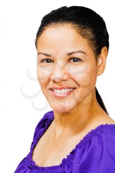 Portrait of a young woman smiling and posing isolated over white