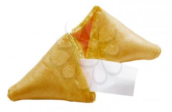 Fortune cookie with a blank label isolated over white