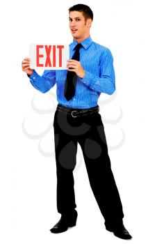 Happy man showing an exit sign isolated over white