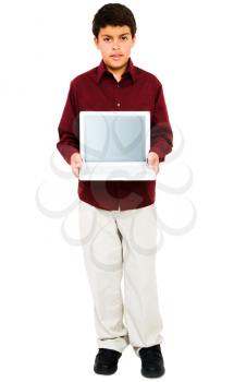 Caucasian boy showing a laptop isolated over white