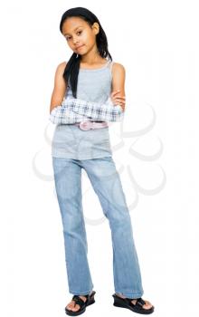 Portrait of a girl standing with her arms crossed isolated over white
