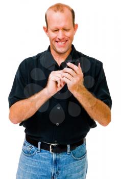 Mature man text messaging on a mobile phone isolated over white