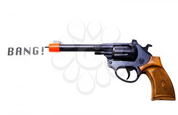 BANG text shot out of a toy pistol isolated over white