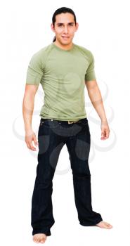 Handsome young man standing and posing isolated over white