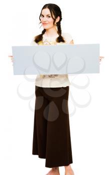 Fashion model holding a placard isolated over white