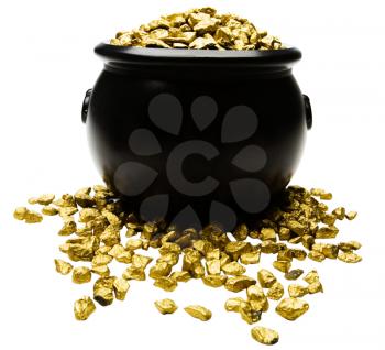 Nuggets of gold spilling out from a pot isolated over white