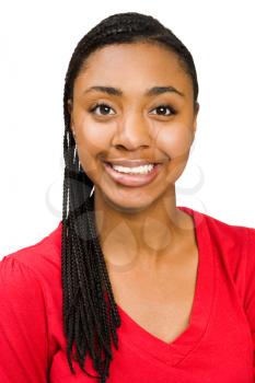 African teenage girl posing and smiling isolated over white