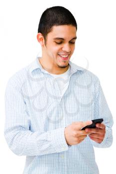 Happy man using mobile phone isolated over white