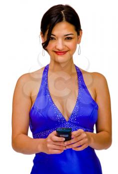 Caucasian woman text messaging on a mobile phone isolated over white