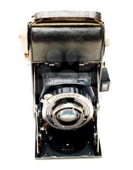 Old camera of black color isolated over white