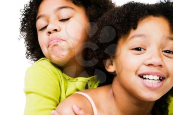African American girls playing together isolated over white