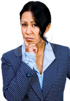 Close-up of a businesswoman thinking and posing isolated over white