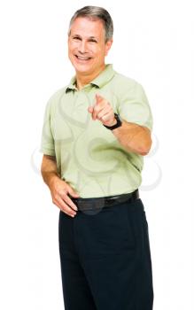 Man pointing and smiling isolated over white