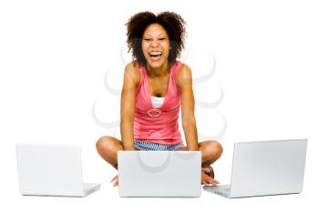 Happy young woman using laptops isolated over white
