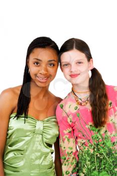Portrait of two friends smiling together isolated over white