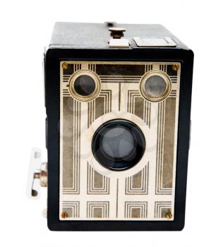Old camera of black color isolated over white