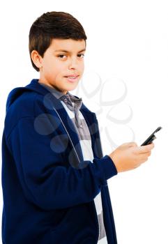 Portrait of a boy text messaging isolated over white