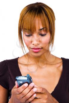 African woman text messaging isolated over white