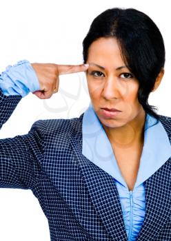 Mixedrace businesswoman suffering from headache isolated over white