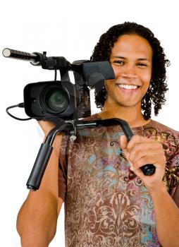 African American man photographing with a camera and smiling isolated over white