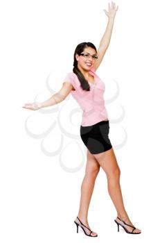 Woman dancing and smiling isolated over white