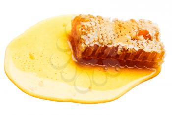 Close-up of a piece of honeycomb on honey isolated over white