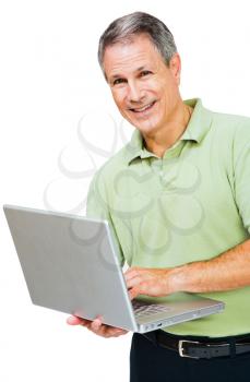 Close-up of a man working on a laptop isolated over white