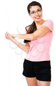 Happy woman posing isolated over white