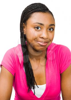 Close-up of a teenage girl posing and smiling isolated over white
