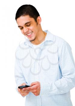 Smiling man using a mobile phone isolated over white