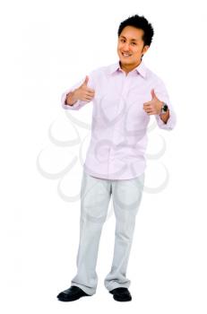 Portrait of a young man gesturing and smiling isolated over white