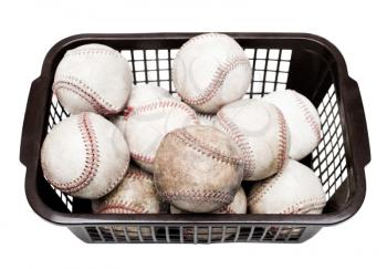 Basket of old baseballs isolated over white
