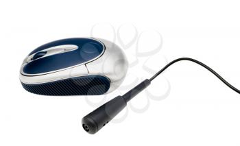 Computer mouse near a microphone isolated over white
