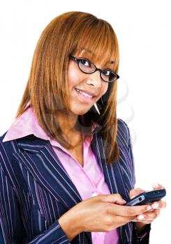 Happy woman text messaging with a mobile phone isolated over white