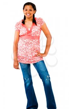 Portrait of a teenage girl standing isolated over white