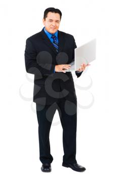 Businessman working on a laptop isolated over white