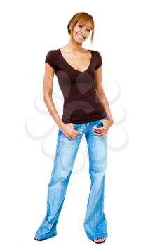 African woman standing with her hands in her pockets isolated over white