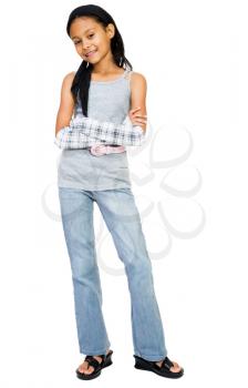 Latin American and Hispanic girl standing with her arms crossed isolated over white